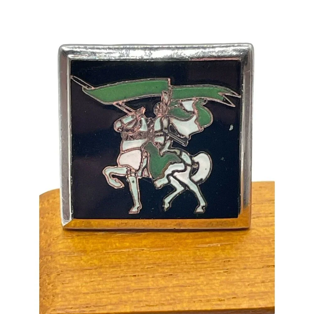 VTG Cufflinks Knight on White horse with Green flag in Silver tone‎ Hallmarked